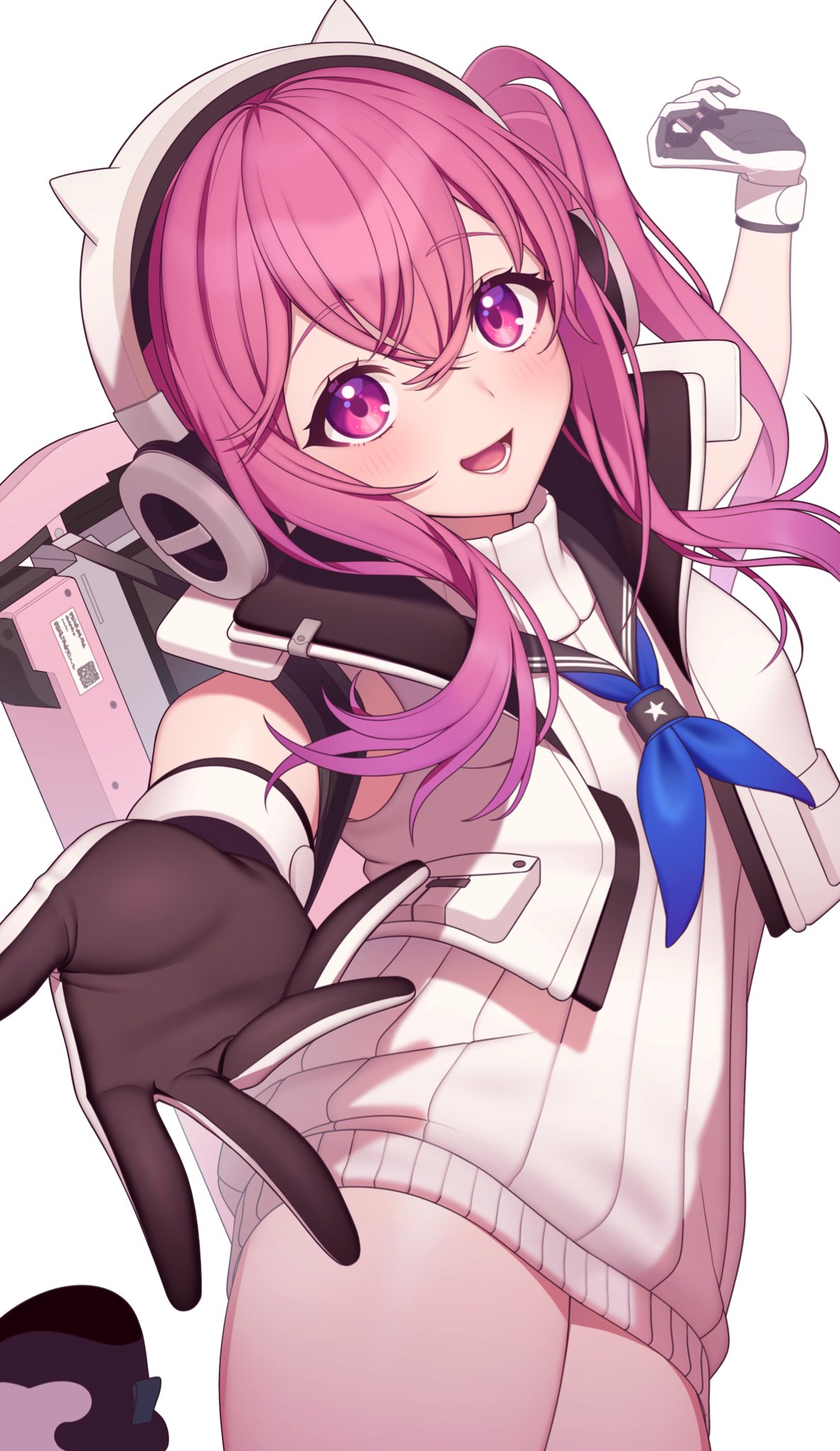 1girl, animal_ear_headphones, animal_ears, bare_shoulders, blush, cropped_jacket, fake_animal_ears, from_below, gloves, goddess_of_victory:_nikke, headphones, highres, jacket, looking_at_viewer, open_mouth, pepper_(nikke), pink_eyes, pink_hair, reaching_towards_viewer, ribbed_sweater, sailor_collar, short_hair_with_long_locks, side_ponytail, simple_background, sleeveless, solo, sweat, sweater, turtleneck, turtleneck_sweater, underwear, white_background, white_gloves, white_jacket, white_sweater, yoshihiro_(yoshihiro12190)