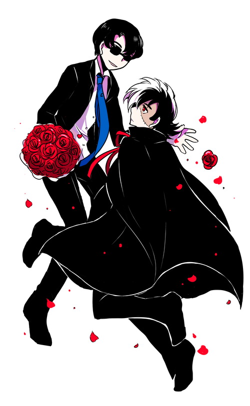 2boys, black_coat, black_hair, black_jack_(character), black_jack_(series), blue_necktie, bouquet, coat