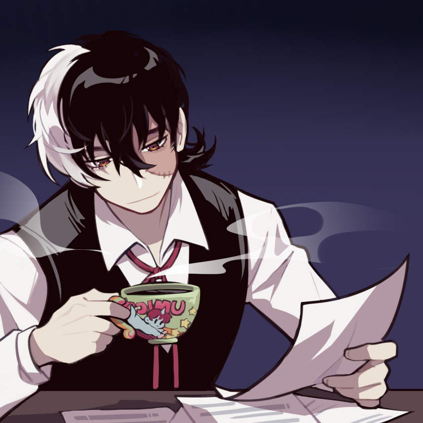 1boy, black_hair, black_jack_(character), black_jack_(series), black_vest, blue_background, character_print, closed_mouth