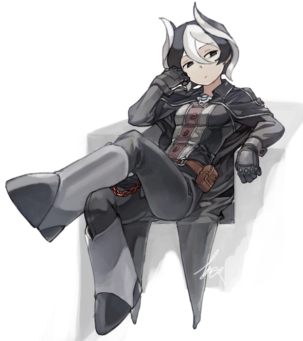 1girl, :/, abuku, arm_rest, arm_up, armored_boots, belt_pouch, black_cape