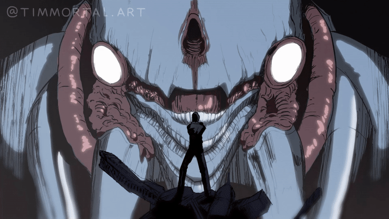 1boy, animated, animated_gif, artist_name, black_hair, blame!, blown_away, energy_gun, giant, giant_monster, gun, holding, holding_gun, holding_weapon, pants, standing, timmortal.art, watermark, weapon
