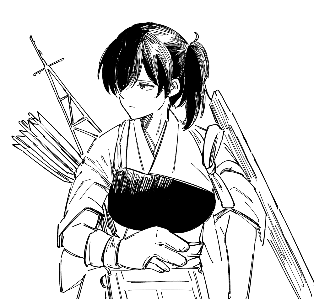 1girl, apron, archery, arrow_(projectile), dougi, flight_deck, gloves, haruichi_(sazanami_complex)