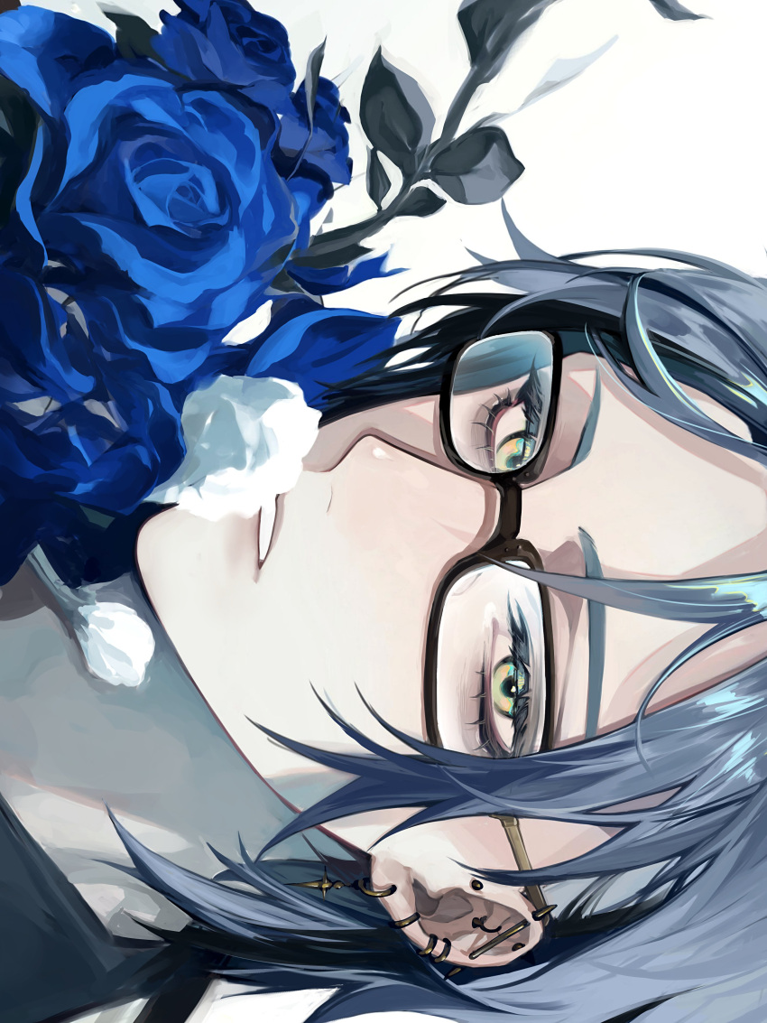 1boy, absurdres, black_hair, blue_flower, blue_hair, commentary, flower, glasses