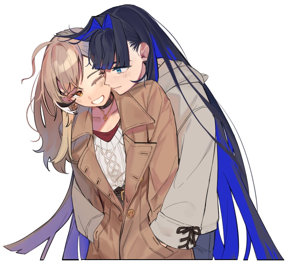 2girls, ahoge, animal_hood, belt, berry, black_choker, blue_eyes, blue_hair