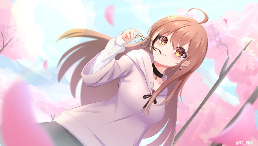 1girl, absurdres, ahoge, berry, black_choker, brown_eyes, brown_hair, brown_hoodie