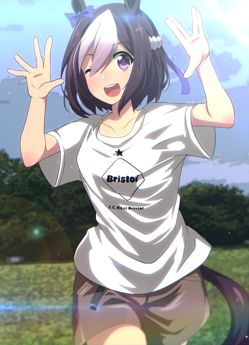 1girl, animal_ears, blue_bow, blush, bow, braid, brown_shorts, collarbone