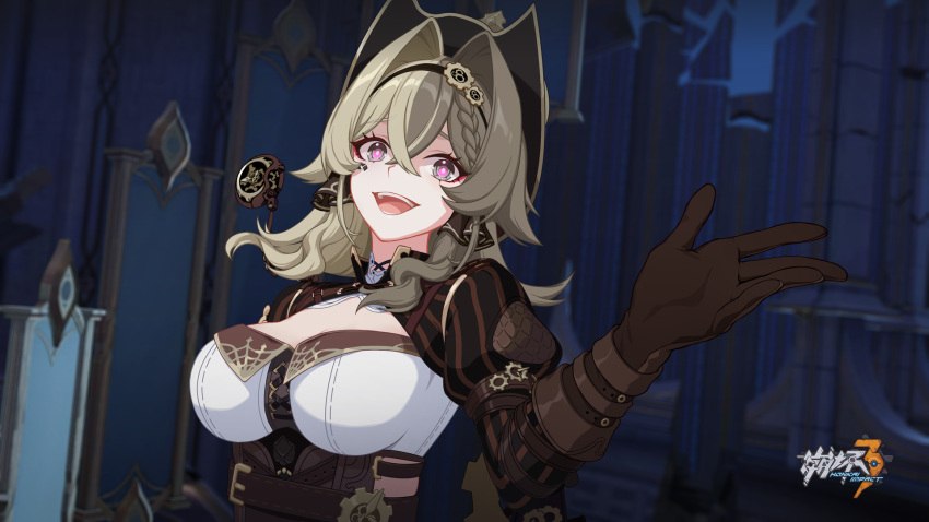 1girl, belt, braid, breasts, brown_gloves, brown_sleeves, chinese_commentary, evil_smile