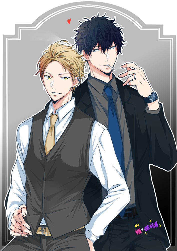 2boys, 961_masashi, belt, black_hair, blonde_hair, blue_necktie, cigarette, collared_shirt