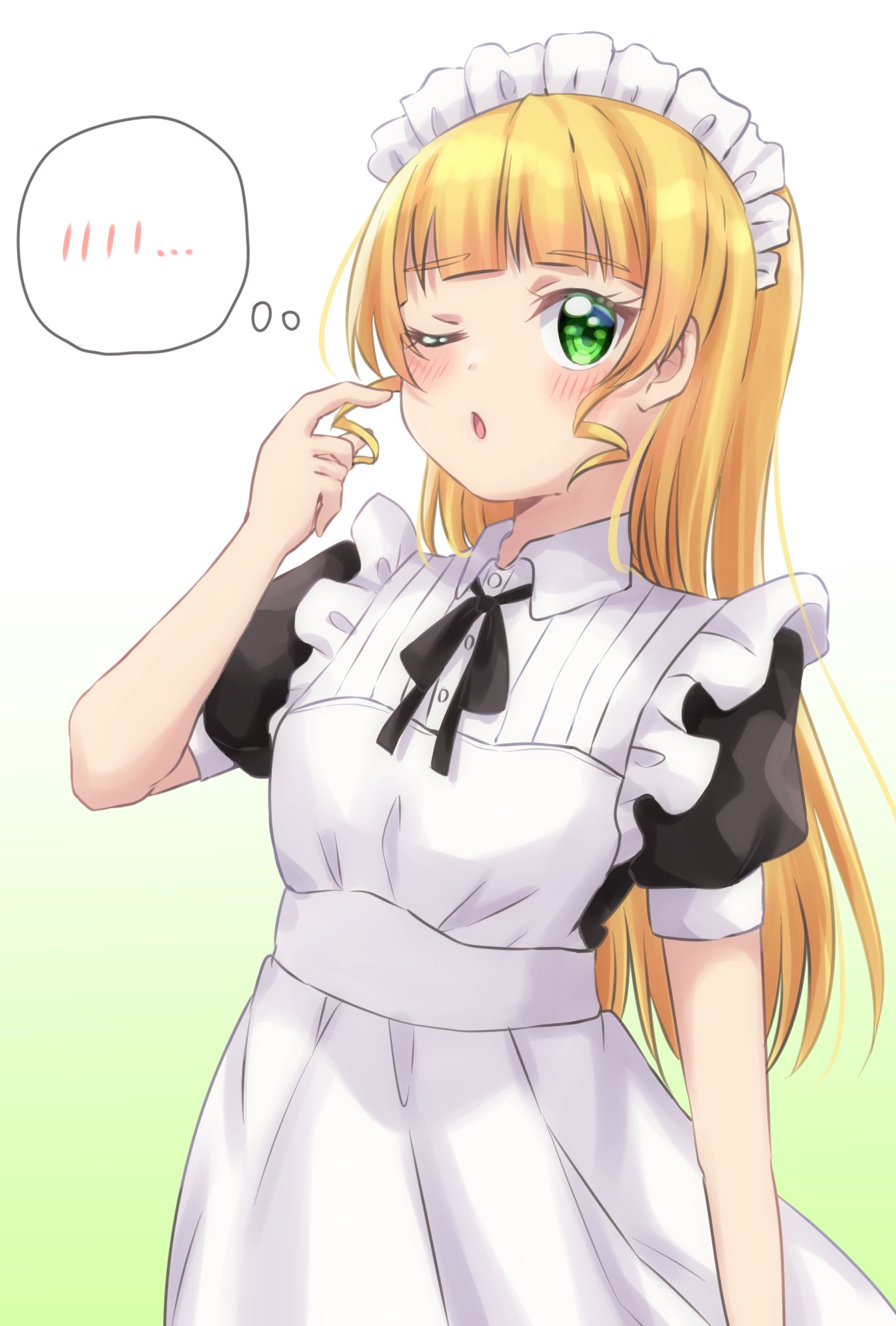 1girl, ;o, alternate_costume, blonde_hair, blunt_bangs, blush, commentary, dress