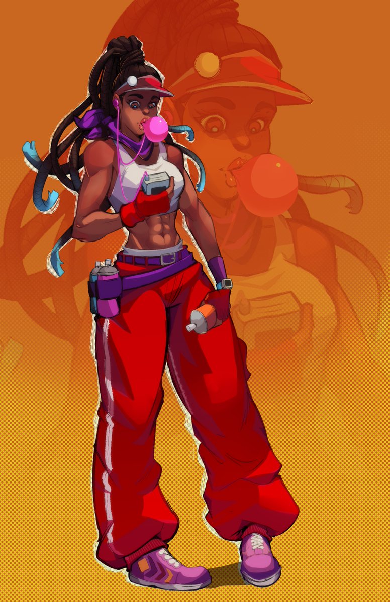 1girl, abs, aqua_hair, baggy_pants, belt, black_hair, breasts, bubble_blowing