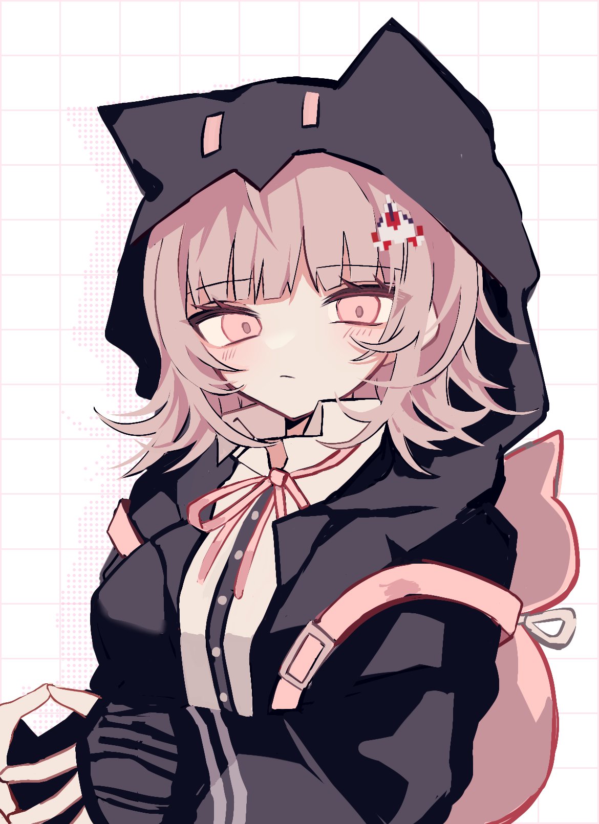 1girl, animal_bag, backpack, bag, brown_hair, cat_bag, collared_shirt, danganronpa_(series), danganronpa_2:_goodbye_despair, flipped_hair, galaga, hair_ornament, highres, hood, jacket, komatta_nagito, long_sleeves, looking_at_viewer, medium_hair, nanami_chiaki, neck_ribbon, pink_bag, pink_eyes, pink_ribbon, ribbon, shirt, solo, spaceship_hair_ornament, two-tone_shirt, white_shirt