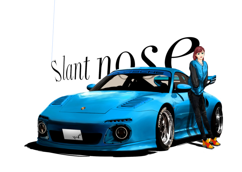 1girl, aqua_eyes, black_pants, blue_jacket, brown_hair, car, company_name, english_commentary, english_text, head_tilt, highres, jacket, leaning_forward, letterman_jacket, license_plate, long_hair, looking_at_viewer, motor_vehicle, orange_footwear, original, pants, porsche, porsche_911, porsche_997, ryo-sen, shadow, shoes, sneakers, spoiler_(automobile), sports_car, vehicle_focus