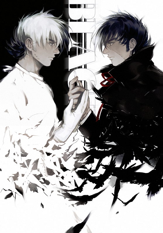2boys, artist_name, bird, black_background, black_bird, black_coat, black_hair, black_jack_(character), black_jack_(series), black_vs_white, coat, dissolving, dual_persona, expressionless, gloves, holding_scalpel, long_sleeves, male_focus, medical_scrubs, multicolored_hair, multiple_boys, neck_ribbon, patchwork_skin, profile, red_ribbon, ribbon, scalpel, scar, scar_on_cheek, scar_on_face, shirou_shirou, shirt, short_hair, sideburns, simple_background, split-color_hair, twitter_username, two-tone_hair, white_background, white_gloves, white_hair, white_shirt