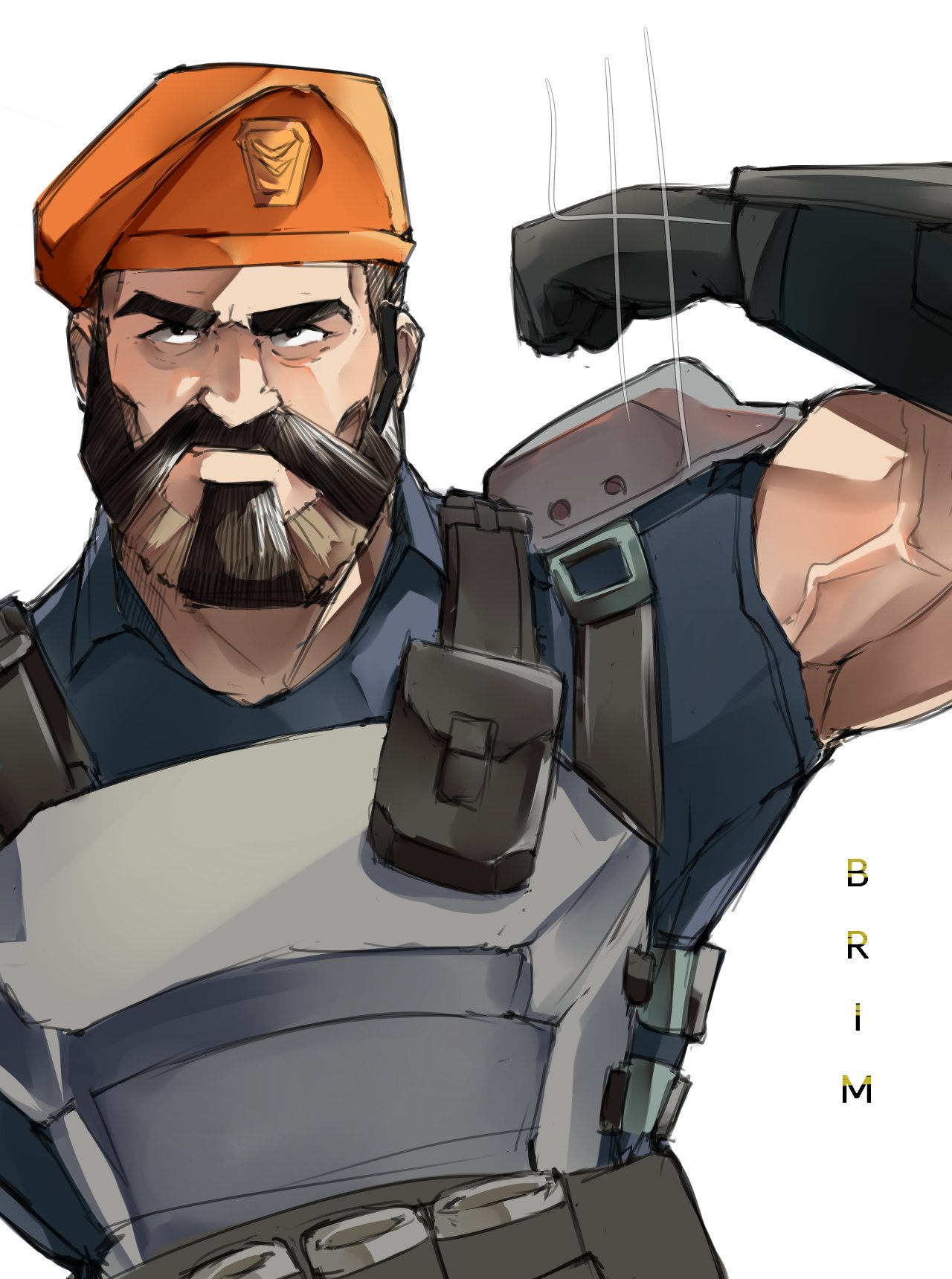 1boy, beard, biceps, brimstone_(valorant), brown_hair, bulletproof_vest, enero_(lewishamada), facial_hair