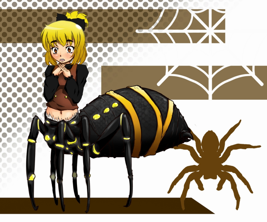 artist_request, bow, brown_eyes, drider, eyebrows, hair_bow, kurodani_yamame, monaka_(mentsukidou), monster_girl, short_hair, solo, spider, spider_girl, touhou