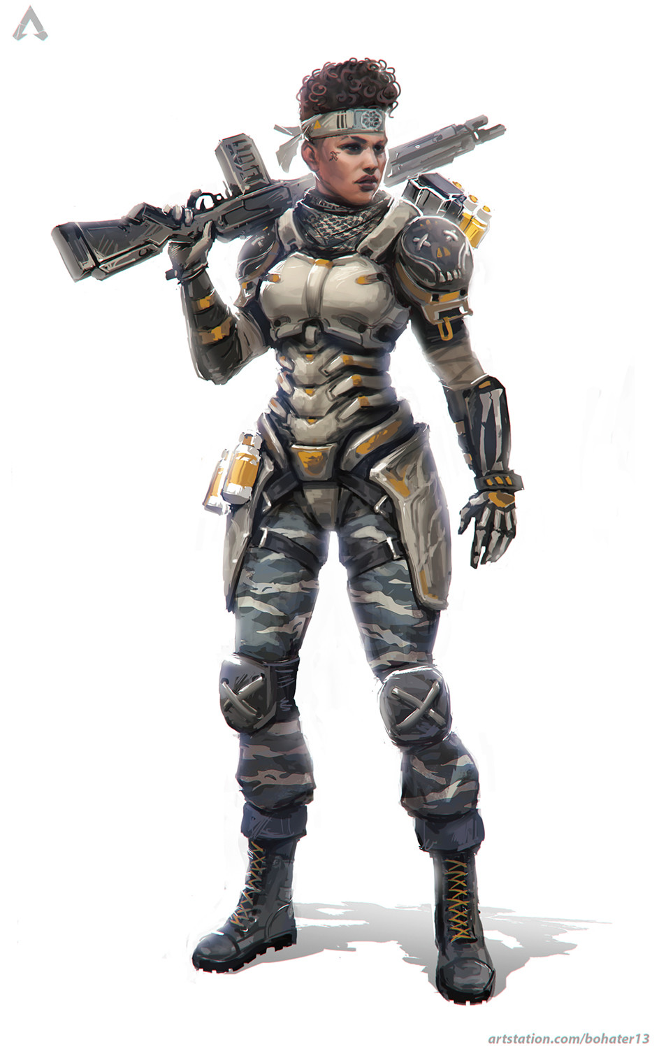 1girl, alternate_costume, apex_legends, armor, bangalore_(apex_legends), black_eyes, brown_hair, brown_scarf