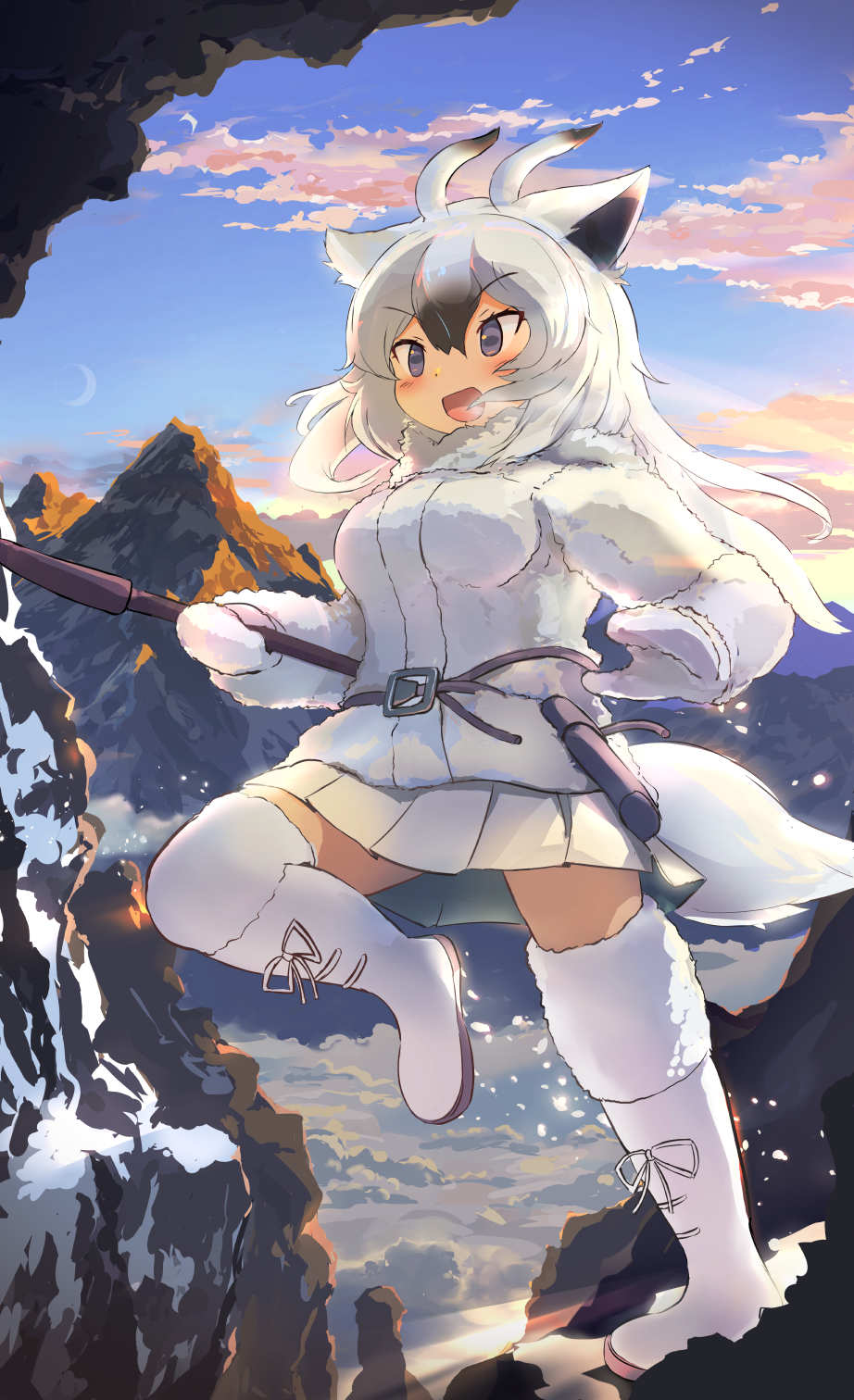 1girl, animal_ears, belt, blush, boots, brown_hair, coat, fur_trim, goat_ears, goat_girl, goat_horns, goat_tail, hair_between_eyes, highres, horns, kemono_friends, koutsuu_(koutuukanseikan), long_hair, long_sleeves, mountain, mountain_goat_(kemono_friends), multicolored_hair, open_mouth, pleated_skirt, skirt, smile, solo, standing, standing_on_one_leg, thigh_boots, weapon, white_coat, white_footwear, white_fur, white_hair, white_mittens, white_skirt, winter_clothes, winter_coat, zettai_ryouiki