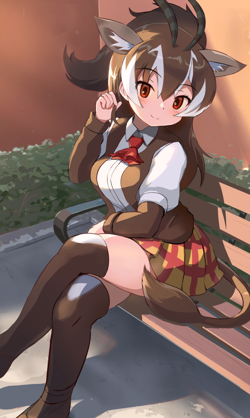 1girl, antelope_ears, antelope_horns, blush, brown_hair, brown_shirt, brown_thighhighs, collared_shirt