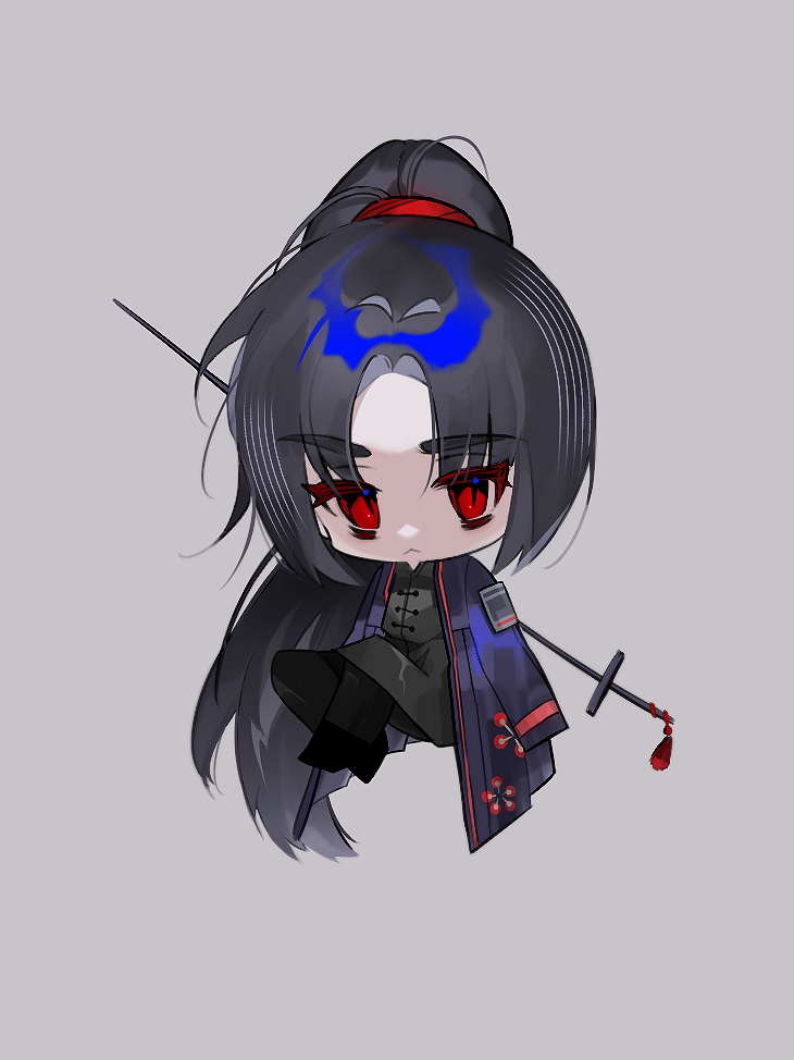 1boy, :<, black_hair, black_pants, blue_coat, chibi, chinese_clothes, closed_mouth, coat, commentary_request, english_commentary, grey_background, grey_shirt, invisible_chair, jia_huan_(limbus_company), korean_commentary, limbus_company, long_hair, male_focus, mixed-language_commentary, open_clothes, open_coat, pants, parted_bangs, ponytail, project_moon, red_eyes, shirt, simple_background, sitting, sleeves_past_fingers, sleeves_past_wrists, solo, zg_(zzangom)