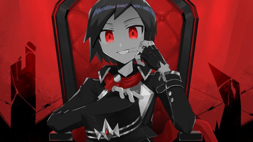 1boy, alternate_eye_color, broken_pillar, calem_(champion)_(pokemon), calem_(pokemon), fingerless_gloves, gloves, headwear_removed