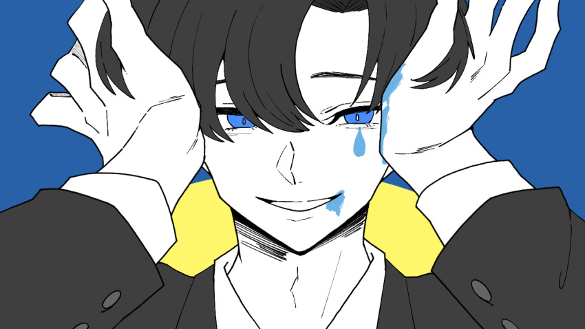 1boy, black_hair, blue_background, blue_eyes, bright_pupils, facepaint, hands_in_hair, long_sleeves