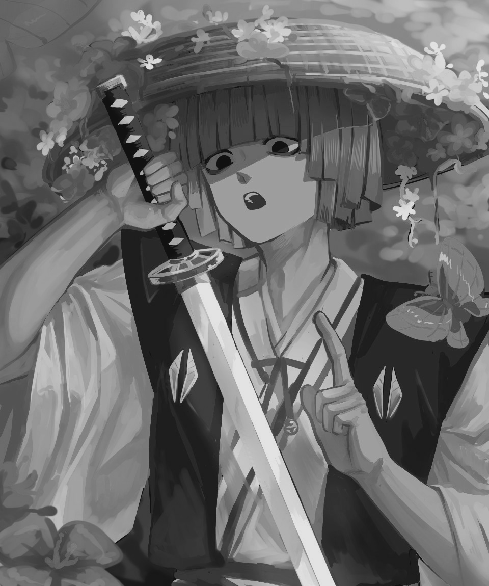 1boy, bug, butterfly, greyscale, hat, hime_cut, holding, holding_sword