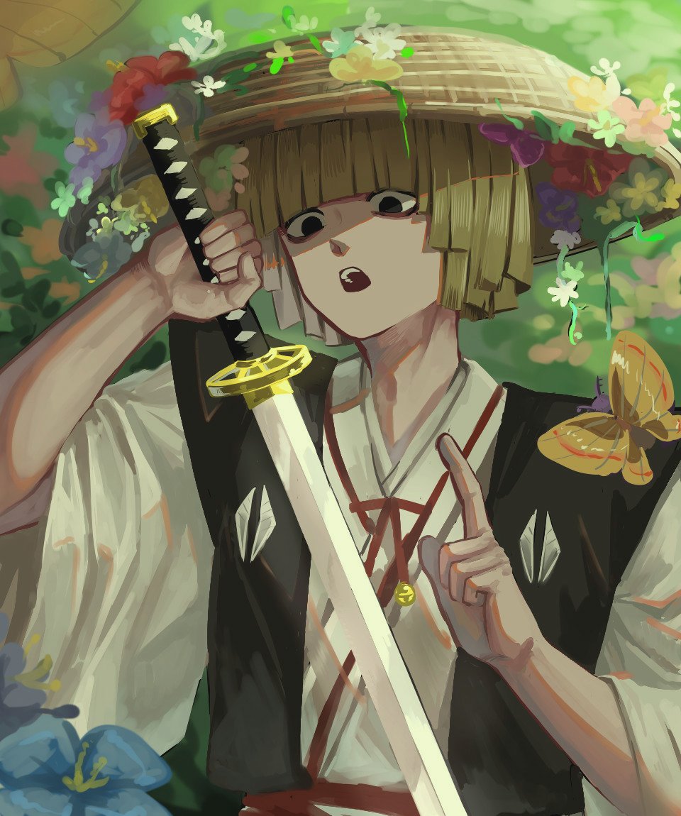 1boy, blonde_hair, bug, butterfly, hat, hime_cut, holding, holding_sword