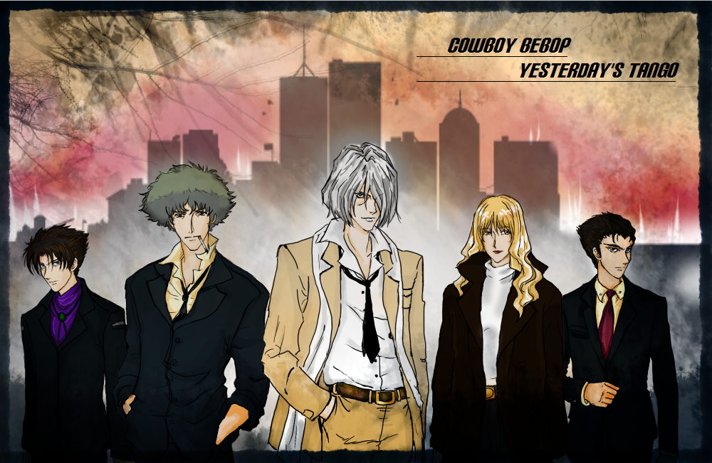 1girl, 4boys, blonde_hair, brown_hair, cigarette, closed_mouth, cowboy_bebop, english_text, formal, green_hair, grey_hair, julia_(cowboy_bebop), lin_(cowboy_bebop), long_hair, looking_at_viewer, medium_hair, meiru-chan, multiple_boys, shin_(cowboy_bebop), short_hair, spike_spiegel, spiky_hair, suit, vicious_(cowboy_bebop)