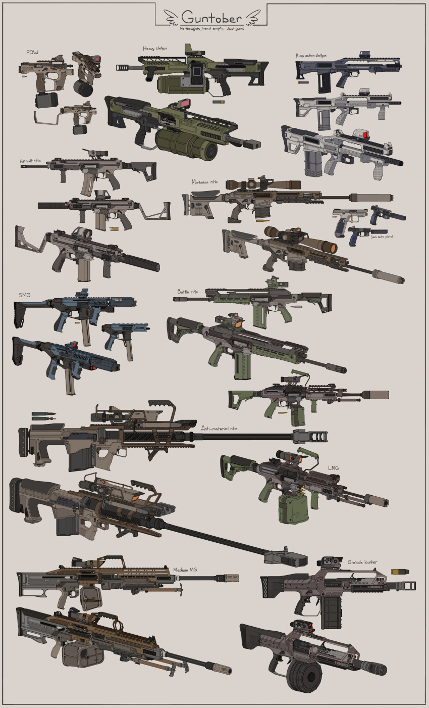 absurdres, anti-materiel_rifle, assault_rifle, battle_rifle, brown_background, bullet, english_commentary, explosive