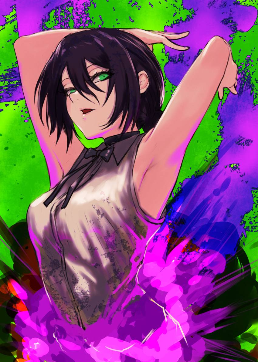 1girl, armpits, arms_up, black_choker, chainsaw_man, choker, collared_shirt, explosion