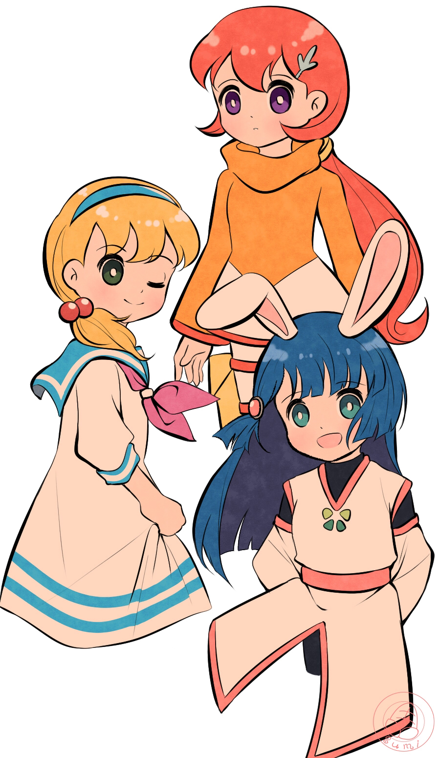 3girls, :d, aqua_eyes, arms_behind_back, blonde_hair, blue_hair, blunt_ends, carla_(doraemon), cropped_legs, cropped_torso, detached_sleeves, doraemon, doraemon:_nobita_no_getsumentansaki, doraemon:_nobita_no_nankyoku_kachikochi_dai_boken, doraemon:_nobita_no_takarajima, dress, hair_ornament, hair_over_shoulder, hairband, hairclip, highres, hime_cut, logo, long_hair, long_sleeves, looking_at_viewer, looking_to_the_side, low_ponytail, luna_tsukino, multiple_girls, one_eye_closed, orange_sweater, ponytail, redhead, sailor_dress, sarah_(doraemon), sash, simple_background, skirt_hold, smile, sumi_(user_evka8372), sweater, thigh-highs, turtleneck, very_long_hair, violet_eyes, white_background, white_dress