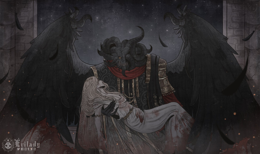 2boys, black_wings, blonde_hair, braid, carrying, elden_ring, eviladyart, feathers, glowing, glowing_eye, highres, holding, horns, kidnapped, miquella_(elden_ring), mohg_lord_of_blood, multiple_boys, one-eyed, princess_carry, red_scarf, robe, scarf, sharp_teeth, side_braid, side_braids, teeth, tunic, white_tunic, wings