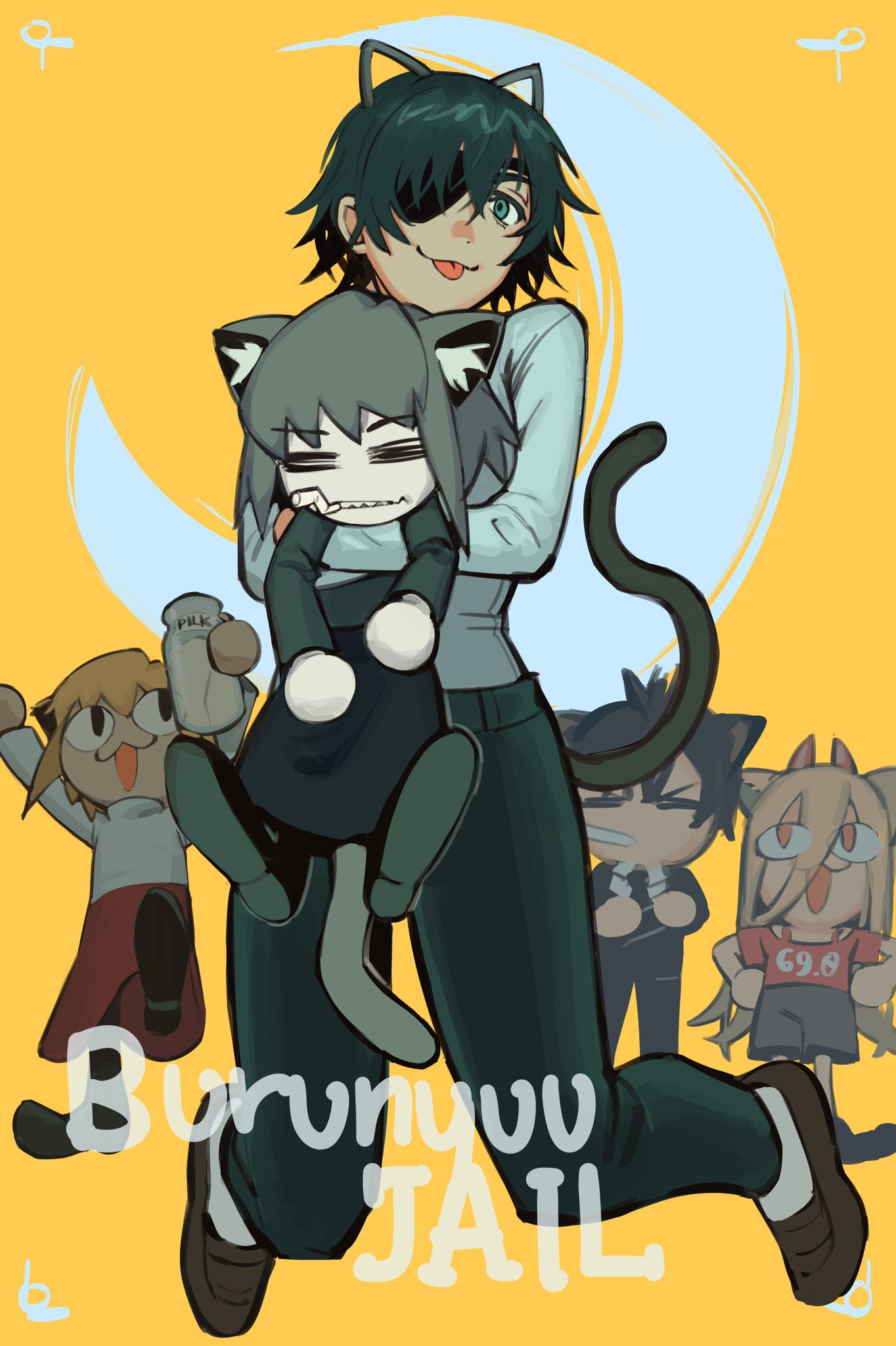 1boy, 3girls, =_=, animal_ears, black_hair, black_jacket, black_necktie, black_pants, blonde_hair, carnival_phantasm, cat_ears, cat_tail, chainsaw_man, cigarette, closed_eyes, collared_shirt, commission, cosplay, eyepatch, formal, green_eyes, grey_hair, hair_between_eyes, hayakawa_aki, hayakawa_aki_(cosplay), highres, himeno_(chainsaw_man), horns, hug, jacket, liowig, long_hair, looking_at_another, looking_at_viewer, multiple_girls, necktie, neco-arc, neco-arc_chaos, neco_spirit, pants, pilk, power_(chainsaw_man), power_(chainsaw_man)_(cosplay), red_horns, shirt, shirt_tucked_in, short_hair, simple_background, suit, suit_jacket, tail, tongue, tongue_out, white_shirt, yellow_background