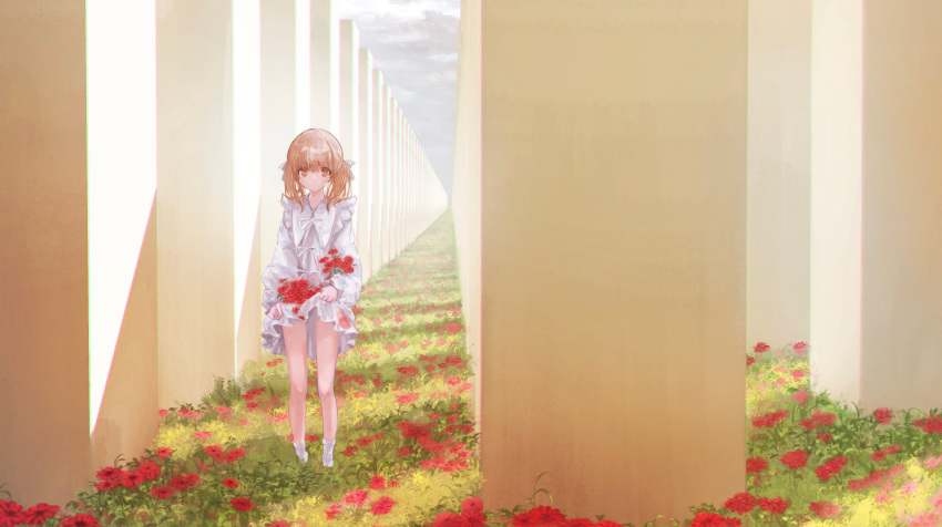 1girl, absurdres, brown_eyes, column, crying, crying_with_eyes_open, day, dress