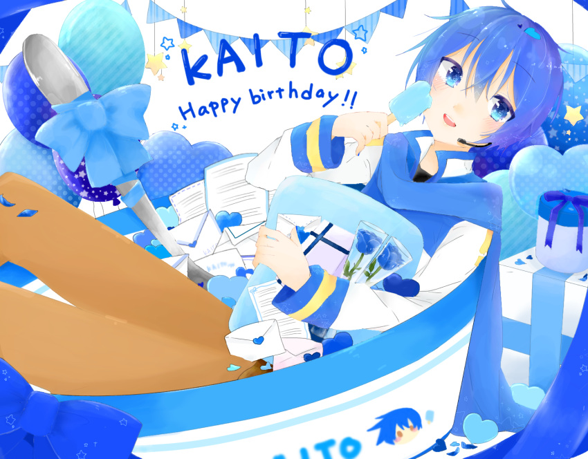 1boy, anniversary, balloon, birthday, blue_bow, blue_eyes, blue_flower, blue_hair