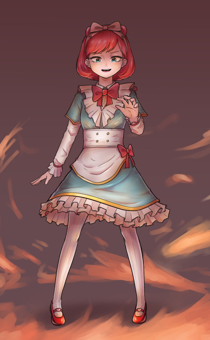 1girl, :d, absurdres, animal_ears, annie_(league_of_legends), arm_at_side, blue_dress, blue_eyes