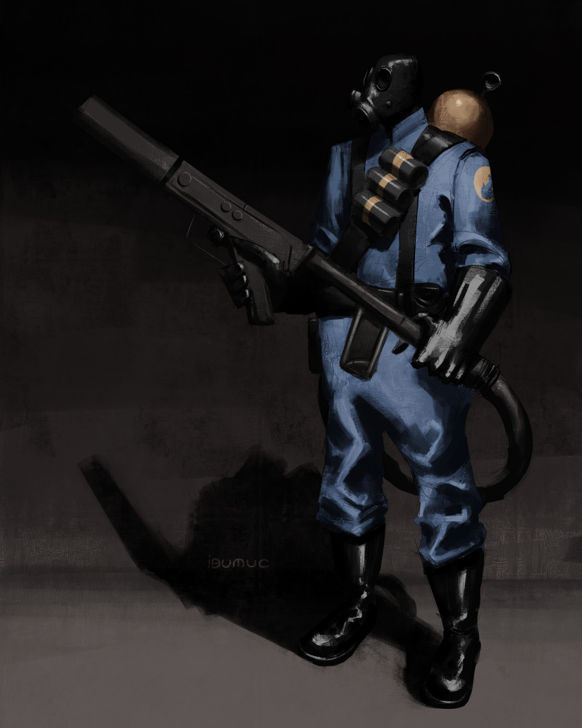 1boy, absurdres, black_footwear, black_gloves, blue_bodysuit, bodysuit, boots, explosive, flamethrower, full_body, gas_mask, gloves, grenade, highres, holding, holding_weapon, ibumuc, male_focus, mask, pyro_(tf2), solo, standing, team_fortress_2, weapon