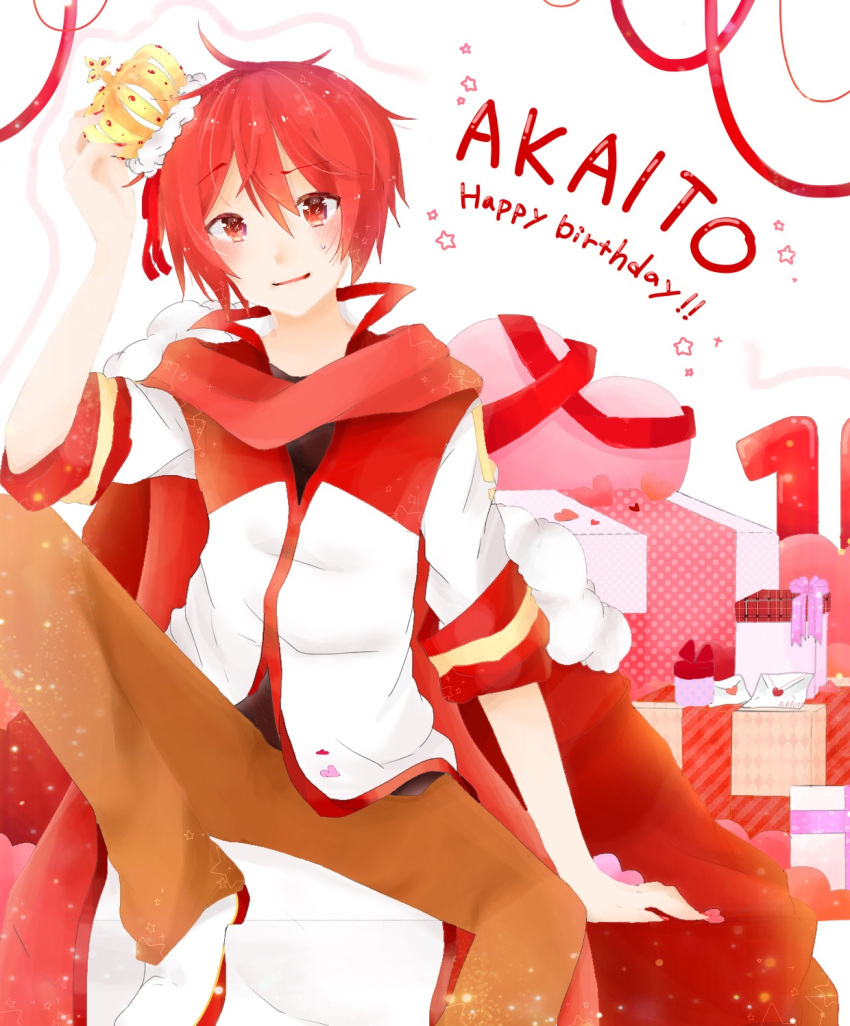 1boy, akaito, birthday, brown_pants, coat, confused, crown, english_text, furrowed_brow, gift, happy_birthday, headwear_request, heart, highres, holding, holding_crown, mail, male_focus, mini_crown, omochi., pants, red_eyes, red_ribbon, red_scarf, red_theme, redhead, ribbon, scarf, shoes, short_hair, sitting, sleeve_cuffs, smile, solo, star_(symbol), streamers, vocaloid, white_footwear