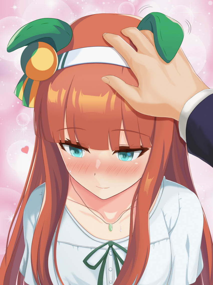 1boy, 1girl, alternate_costume, animal_ears, aqua_eyes, blush, breasts, casual, collarbone, commentary_request, ear_covers, headband, headpat, heart, highres, hime_cut, horse_ears, horse_girl, jewelry, necklace, pink_background, pov, pov_hands, rapana_p, silence_suzuka_(umamusume), simple_background, small_breasts, smile, solo, solo_focus, trainer_(umamusume), umamusume