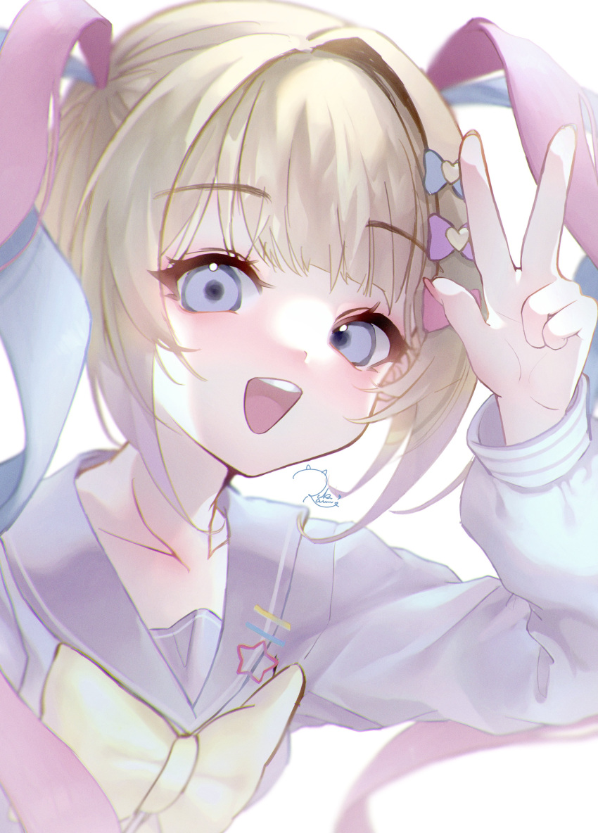 1girl, :d, absurdres, blonde_hair, blue_bow, blue_eyes, blue_hair, blue_shirt