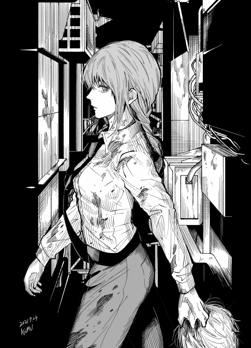 1girl, alley, blood, blood_on_clothes, braid, braided_ponytail, chainsaw_man, collared_shirt
