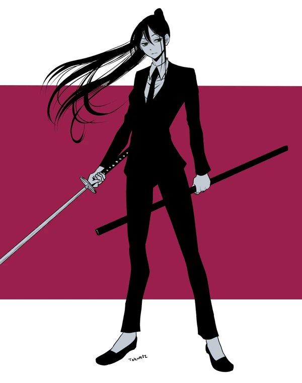 1girl, artist_name, black_hair, formal, greyscale_with_colored_background, high_ponytail, holding, holding_sheath