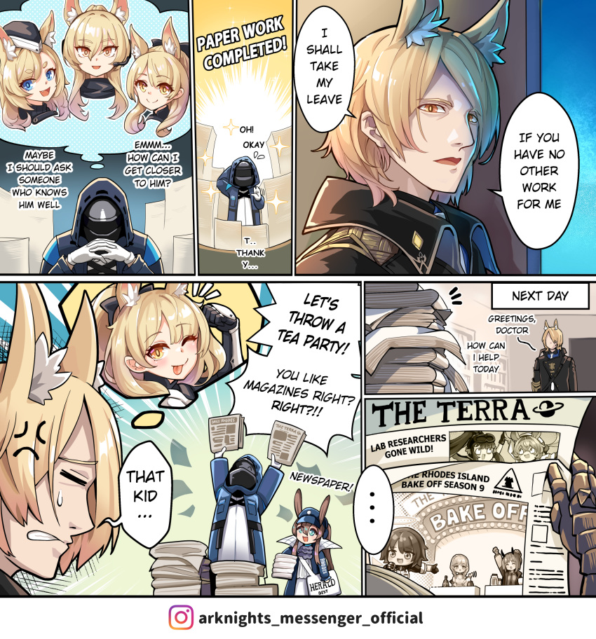 1boy, 1other, 6+girls, ;p, ambiguous_gender, amiya_(arknights), amiya_(newsgirl)_(arknights), anger_vein