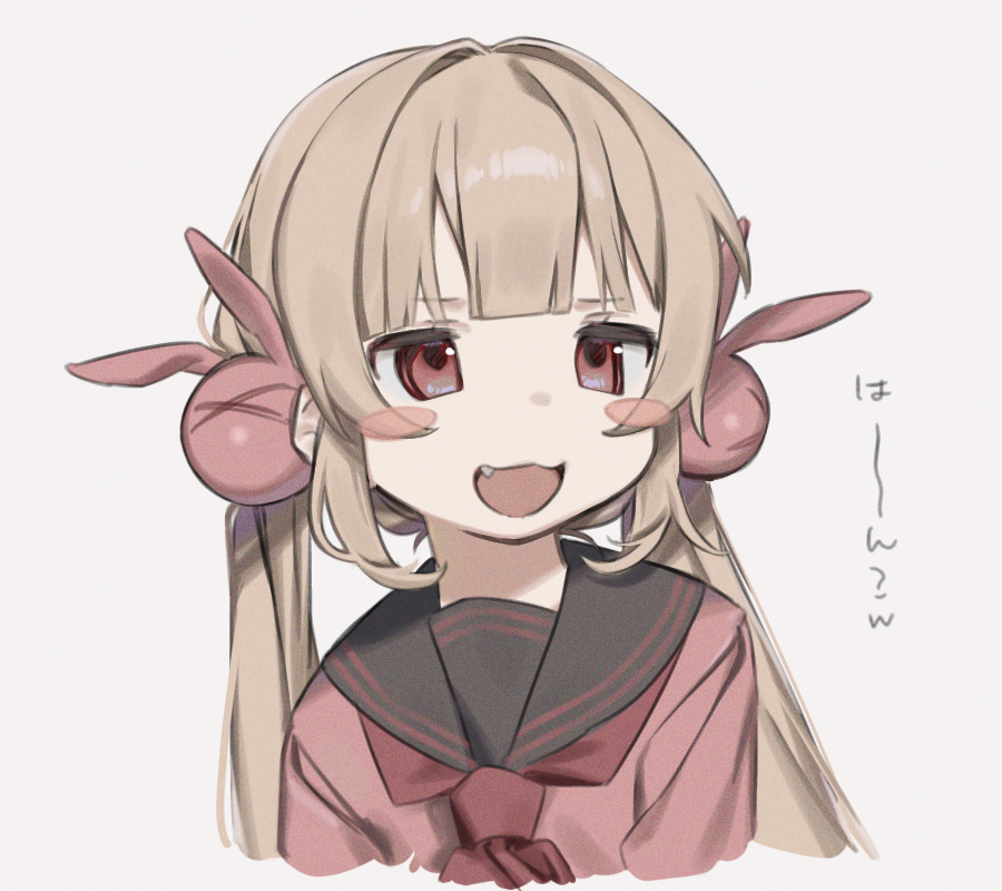 1girl, :3, black_sailor_collar, blush_stickers, cropped_torso, fang, grey_background, hair_ornament