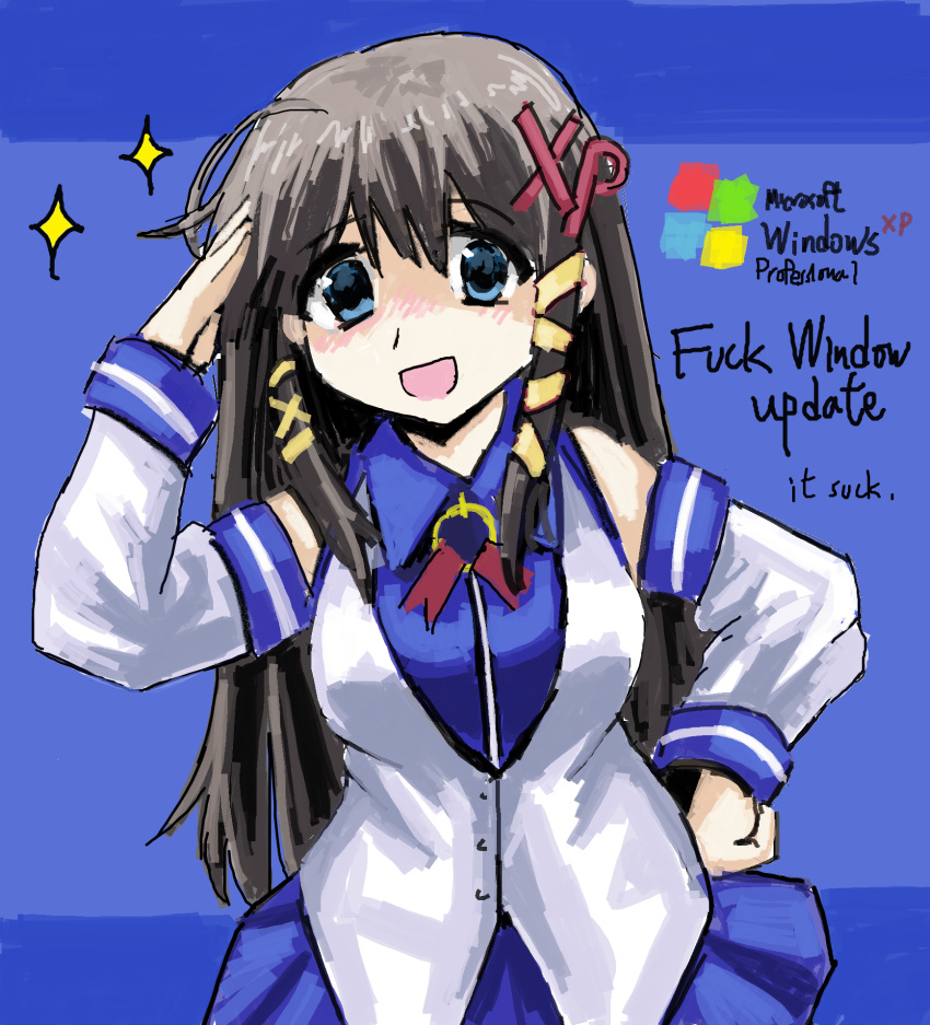 1girl, :d, ahoge, black_hair, blue_dress, blue_eyes, blush, breasts