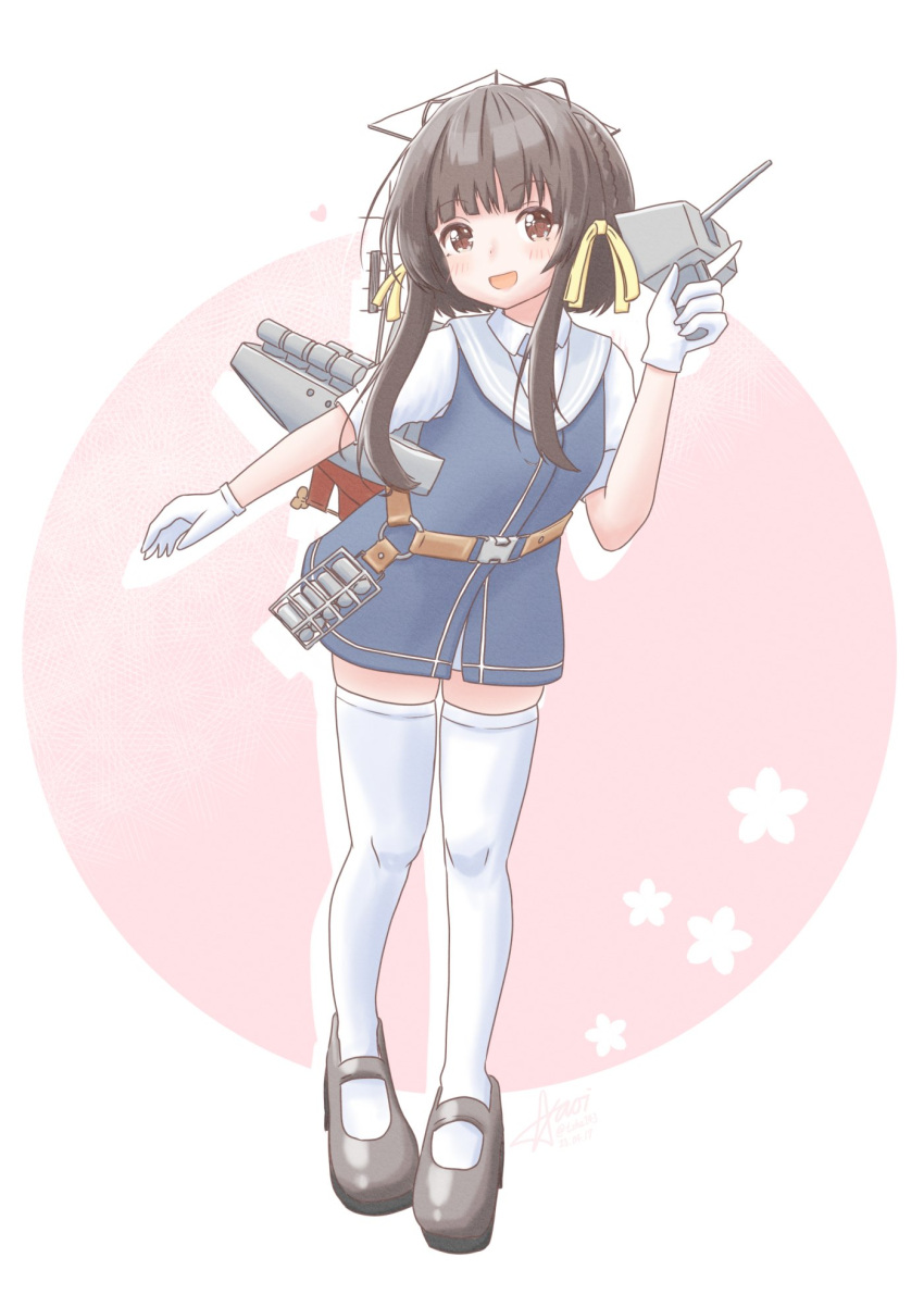 1girl, :d, aaoi, artist_name, black_hair, blue_dress, brown_eyes, dated
