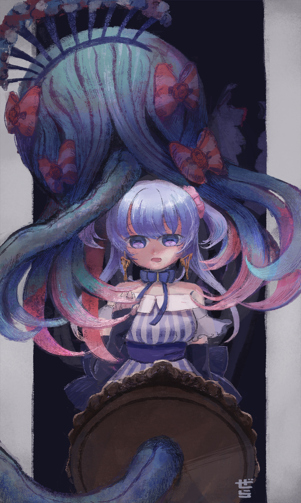 1girl, arm_at_side, artist_name, back_bow, bare_shoulders, black_gloves, blue_bow, blue_dress