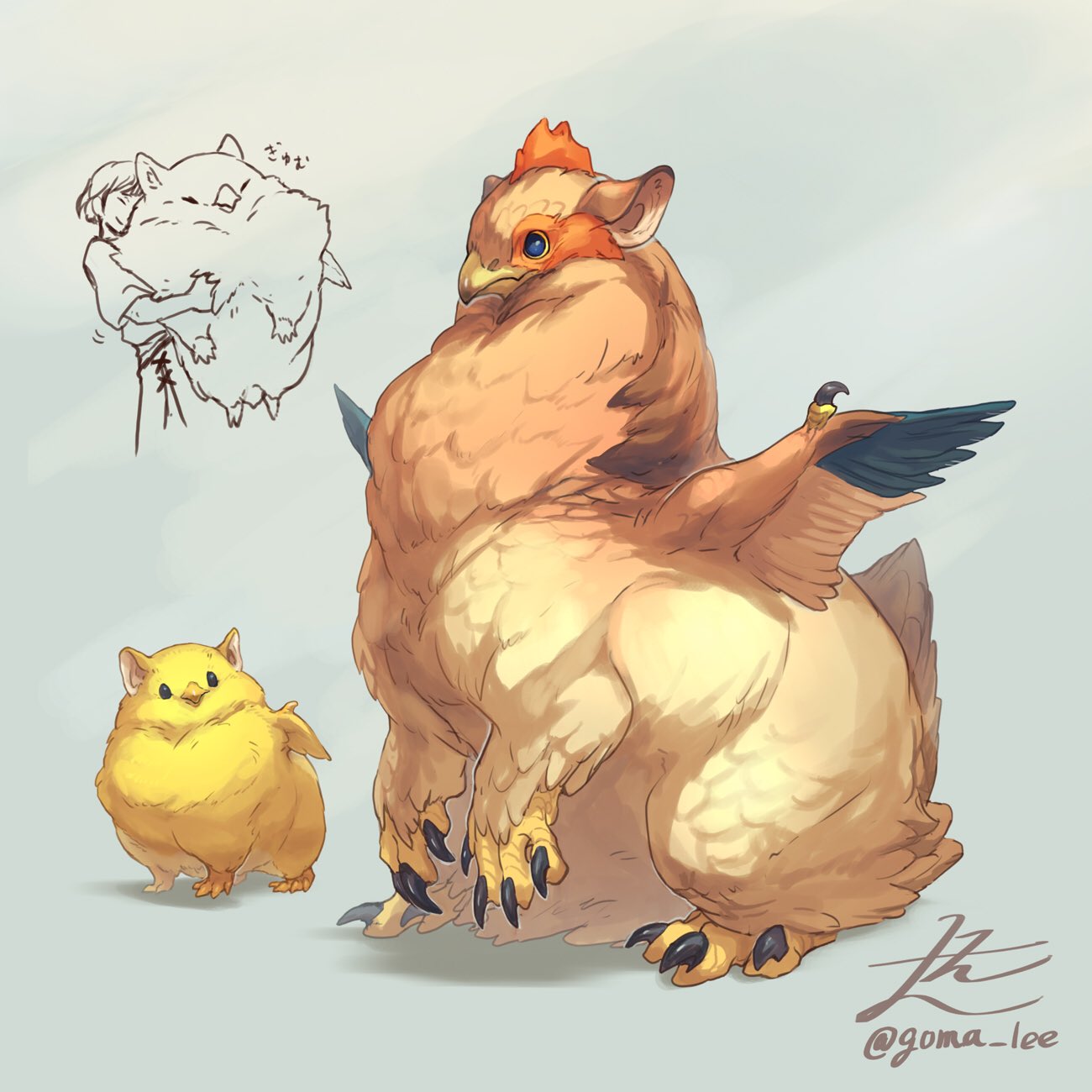 1boy, animal_focus, animal_hug, bird, chick, chicken, chimera, commentary, english_commentary, full_body, fusion, grey_background, griffin, highres, looking_away, original, short_hair, signature, simple_background, twitter_username, yamamura_le