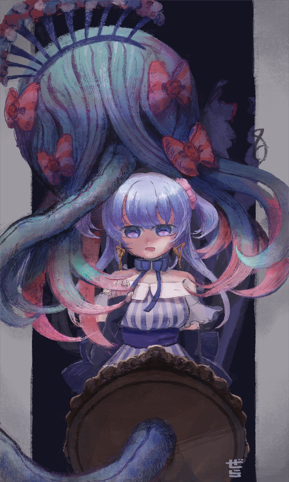 1girl, arm_at_side, artist_name, back_bow, bare_shoulders, black_gloves, blue_bow, blue_dress