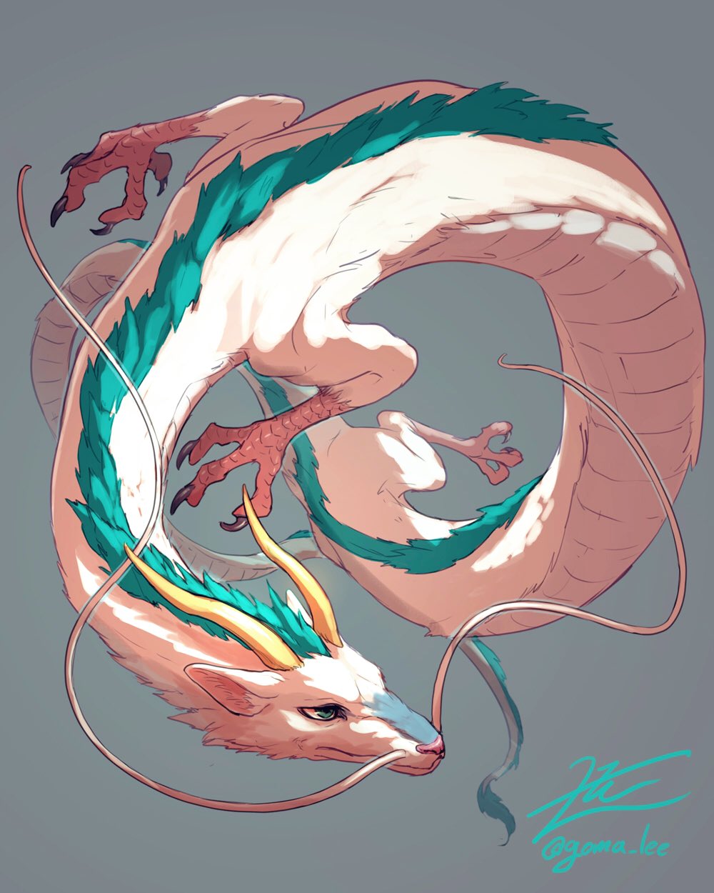 1boy, alternate_form, animal_focus, blue_eyes, dragon, eastern_dragon, full_body, grey_background, haku_(sen_to_chihiro_no_kamikakushi), highres, looking_away, no_humans, sen_to_chihiro_no_kamikakushi, signature, simple_background, solo, yamamura_le